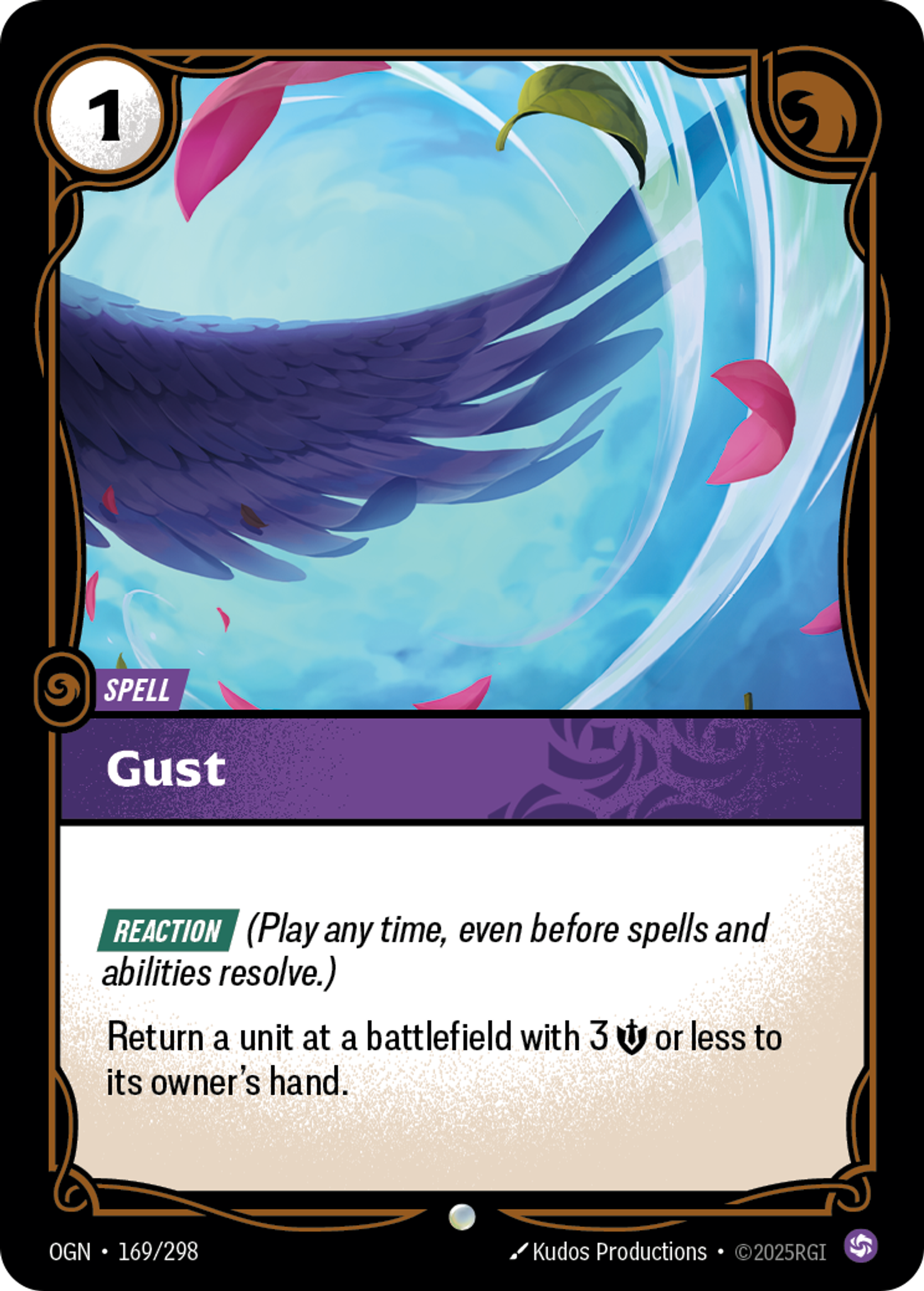 Riftbound Spell: Gust. [Reaction] (Play any time, even before spells and abilities resolve.)
Return a unit at a battlefield with 3 [S] or less to its owner's hand.