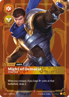 Riftbound Legend: Might of Demacia - Starter. When you conquer, if you have 4+ units at that battlefield, draw 2.