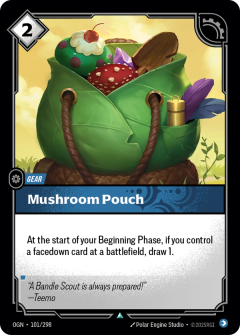 Riftbound Gear: Mushroom Pouch. At the start of your Beginning Phase, if you control a facedown card at a battlefield, draw 1.