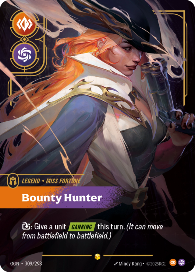 Riftbound Legend: Bounty Hunter. [T]: Give a unit [Ganking] this turn. (It can move from battlefield to battlefield.)