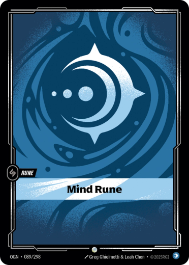 The Mind Rune from Riftbound. It is a blue card with 'a symbol resembling a sun and moon', as described in the Core Rules.