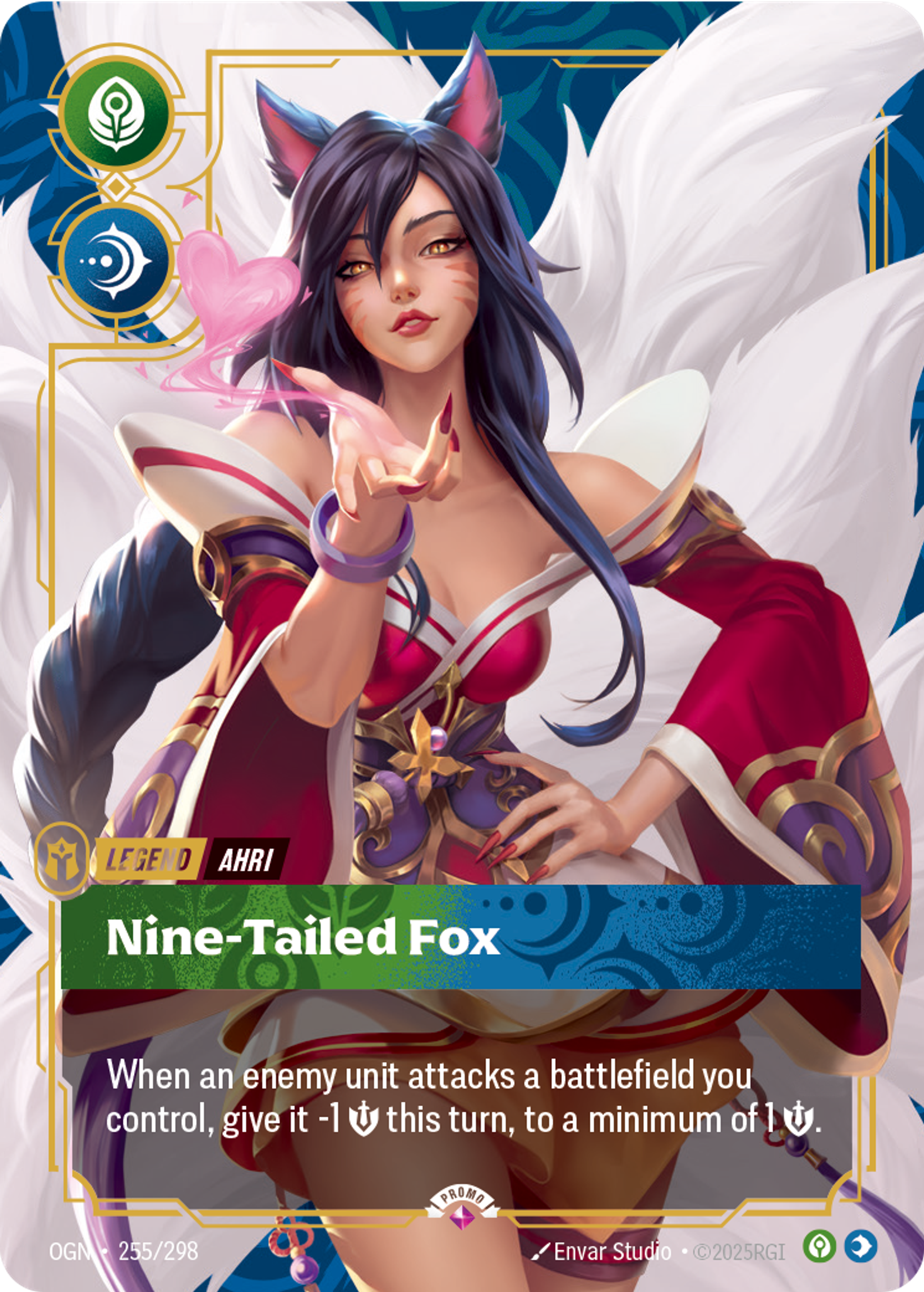 Riftbound Legend: Nine-Tailed Fox. When an enemy unit attacks a battlefield you control, give it -1 [S] this turn, to a minimum of 1 [S].