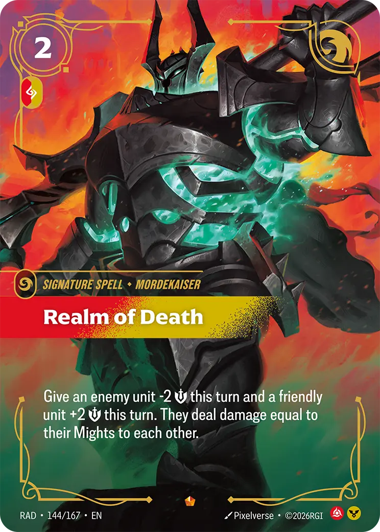 Riftbound Spell: Realm of Death. Give an enemy unit -2 [S] this turn and a friendly unit +2 [S] this turn. They deal damage equal to their Mights to each other.