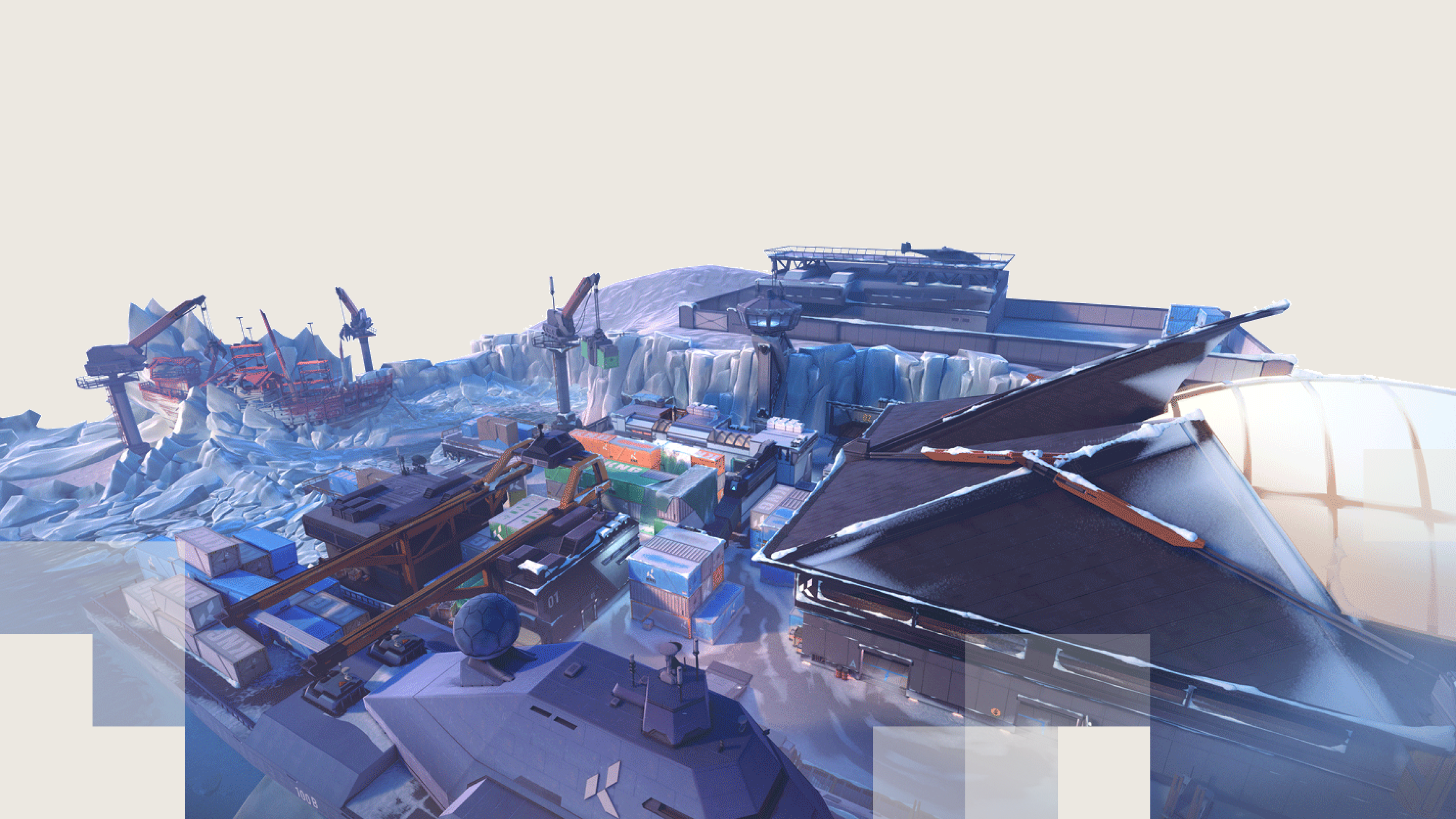 Icebox's frozen cargo yard between an iceberg wall and a geodesic research dome