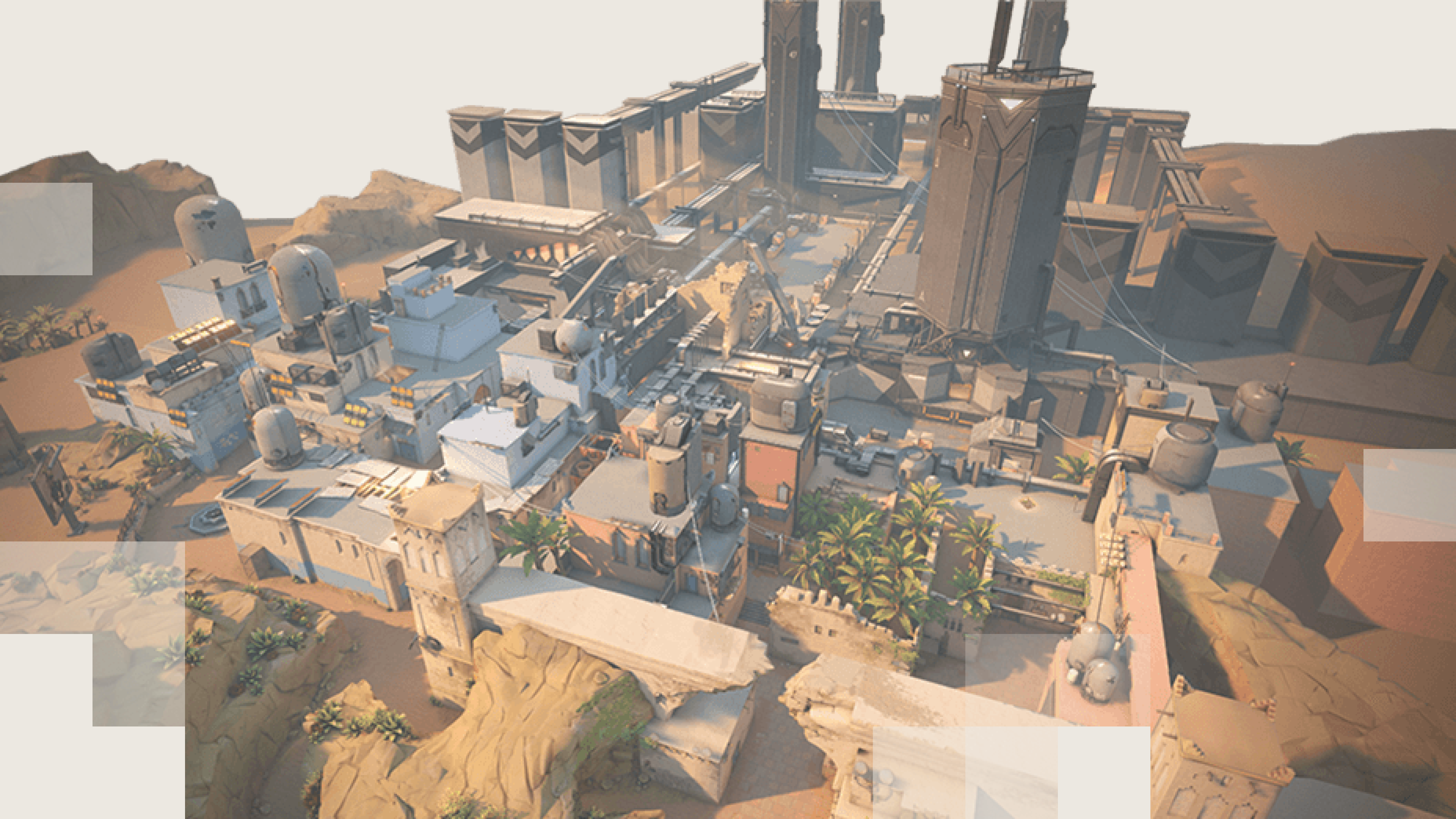 Bind's Moroccan desert radianite facility with twin industrial towers