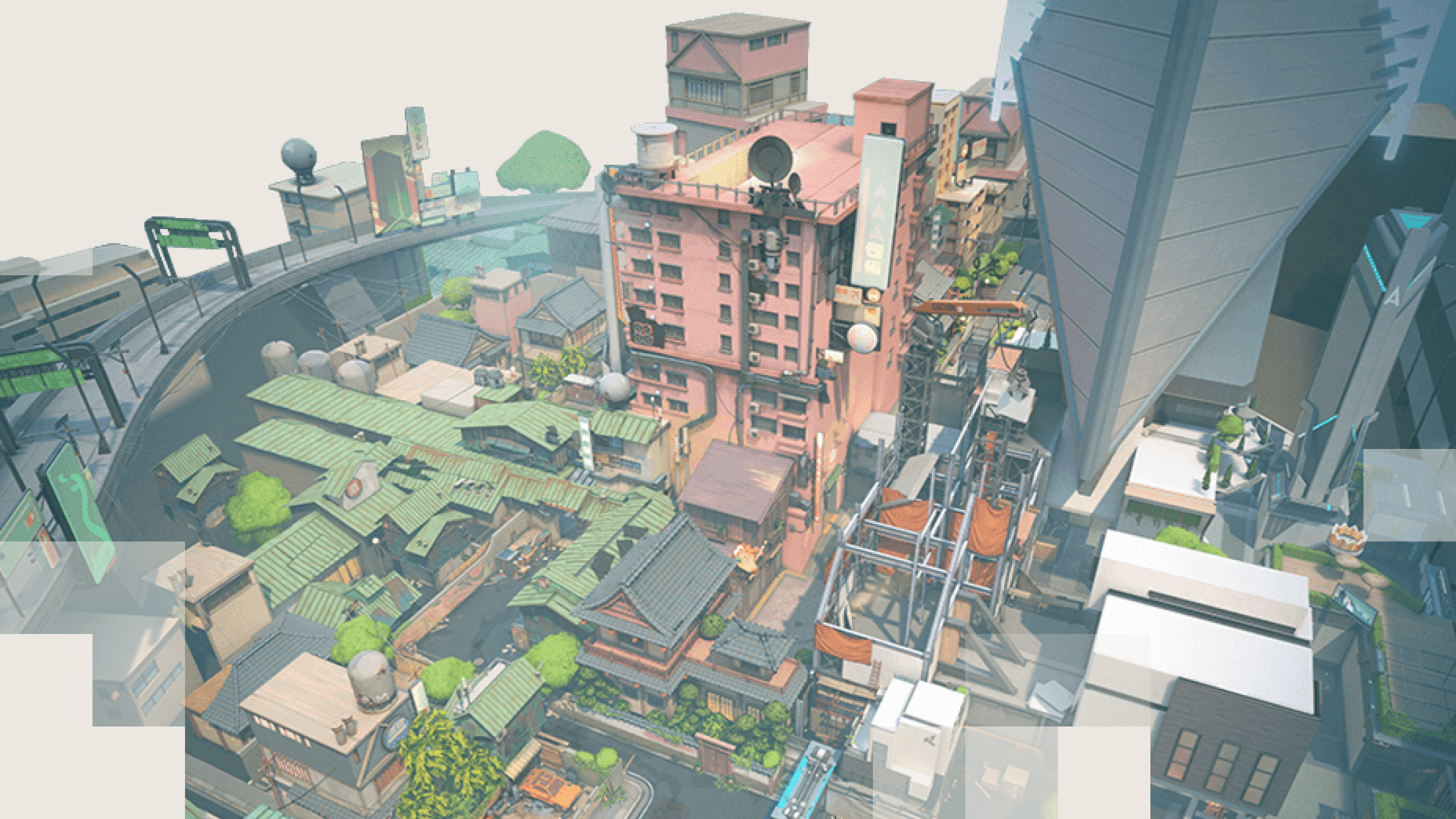 Split's rain-slicked Japanese rooftops with an elevated monorail track