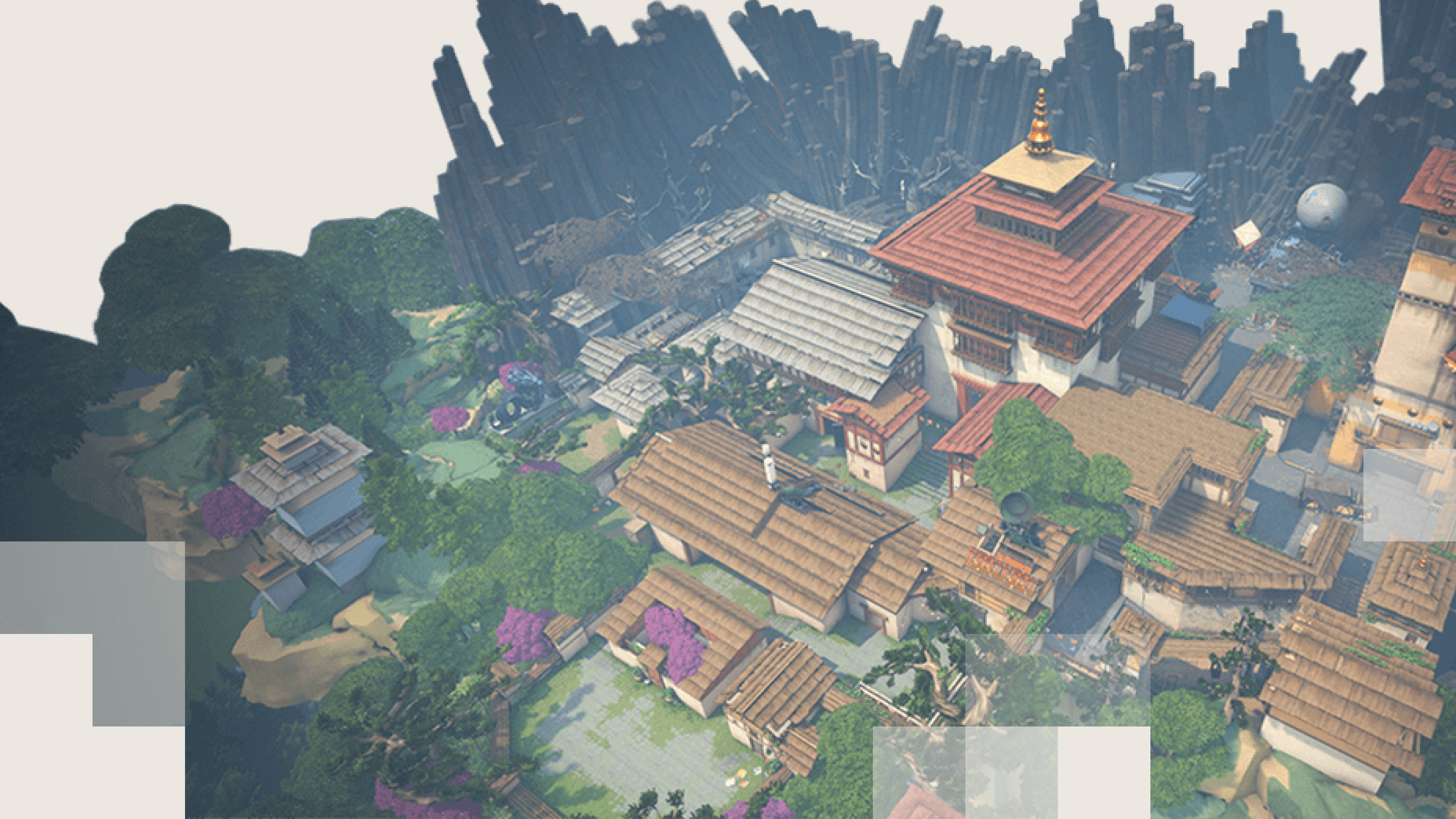 Haven's monastery buildings nestled in a misty Bhutanese mountain valley