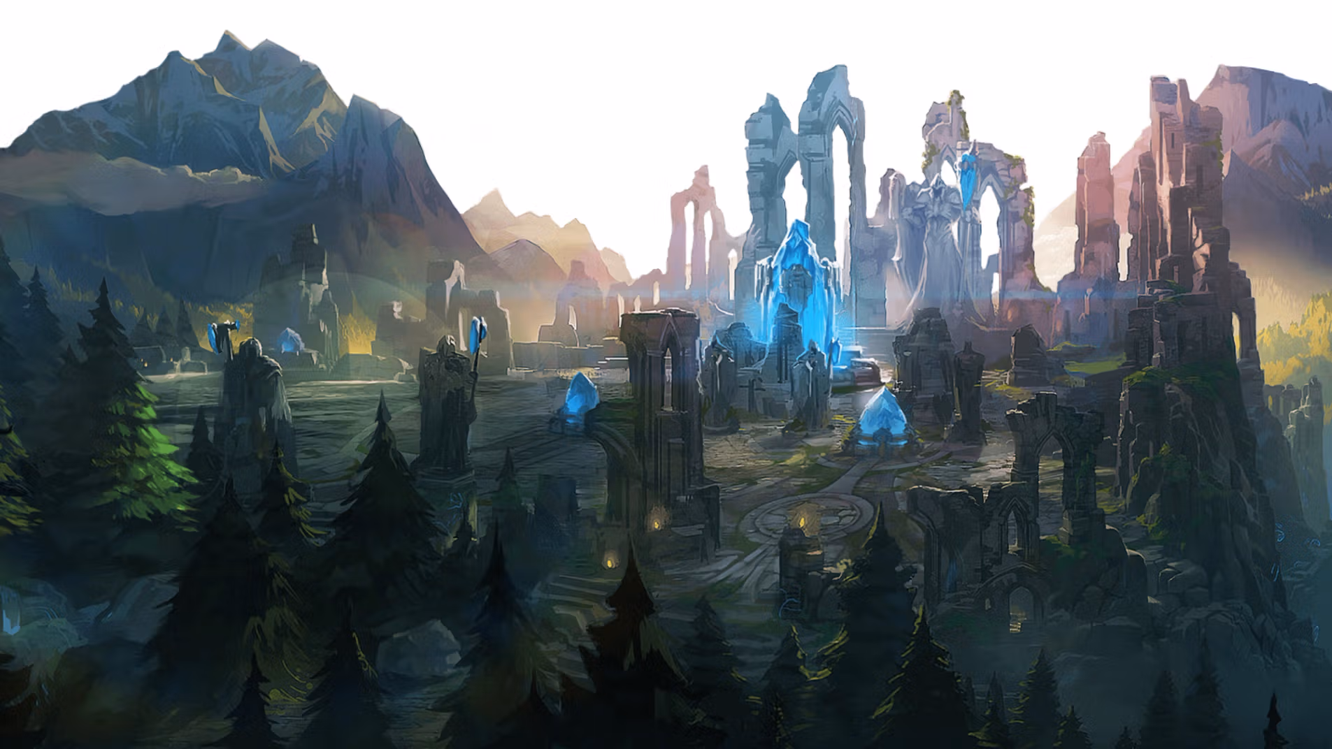 Blue crystal structures rise above a forest in Riot’s League of Legends environment artwork