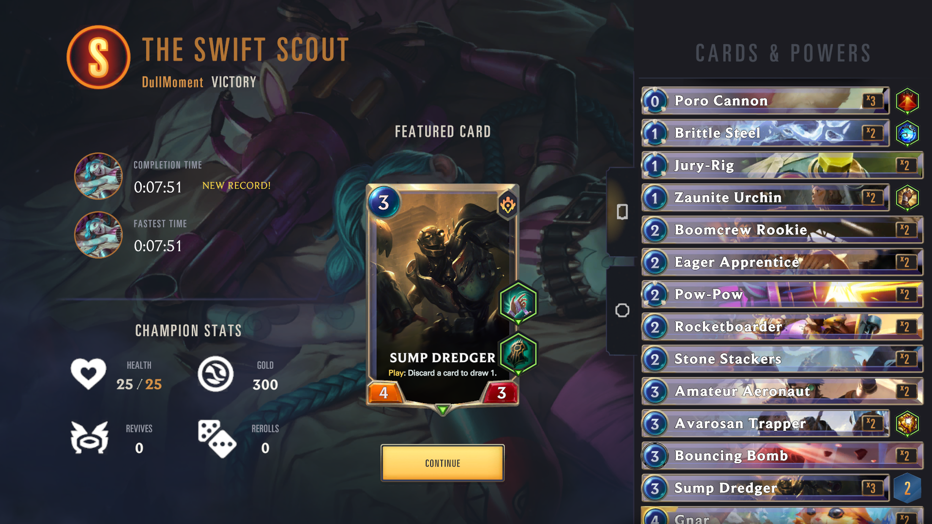 The Adventure Results screen shown after completing an adventure, showing the player's rank, deck, and stats from the end of the run.
