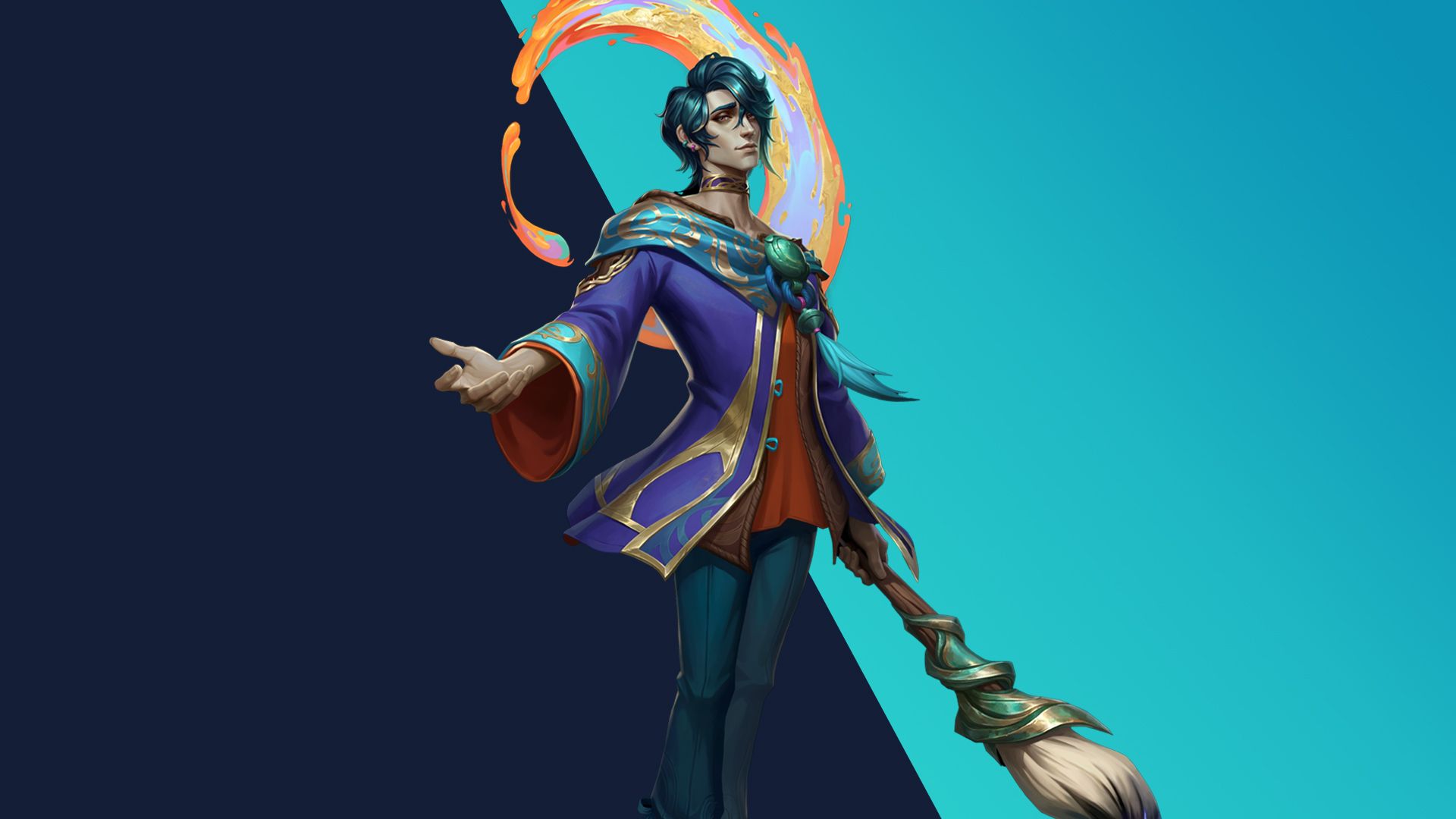 Hwei sostiene su pincel frente a un trazo de pintura multicolor en el arte oficial del parche 7.3 de Wild Rift