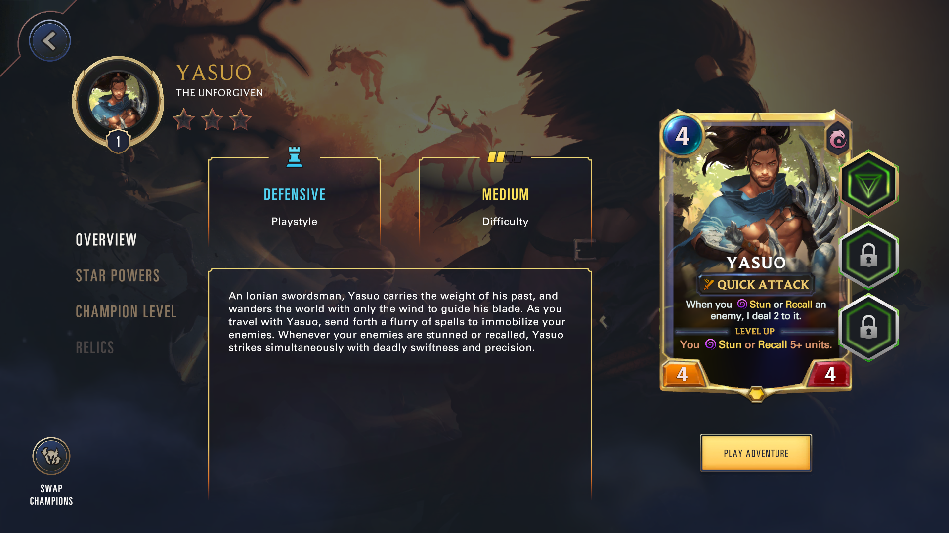 Yasuo's champion details screen.
