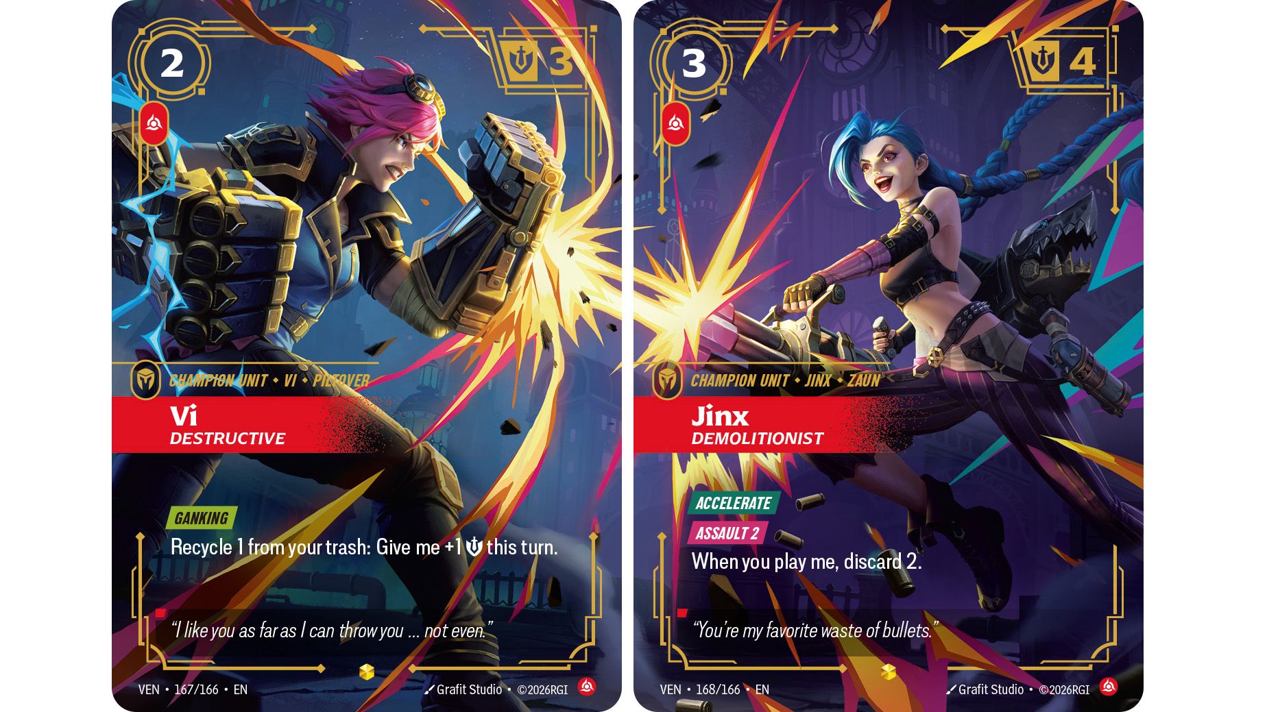 Deux cartes rivales Riftbound Vendetta formant une illustration en diptyque