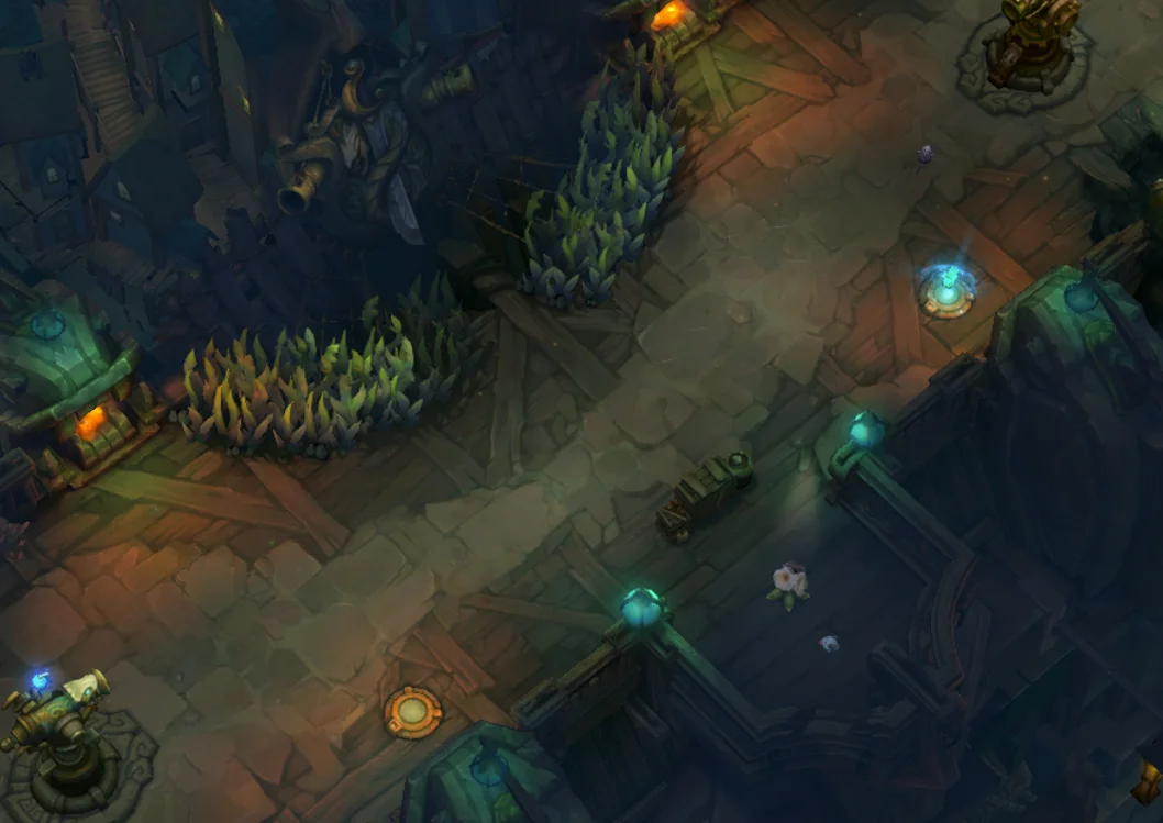 Butcher’s Bridge lane with turrets, side brush and glowing plants