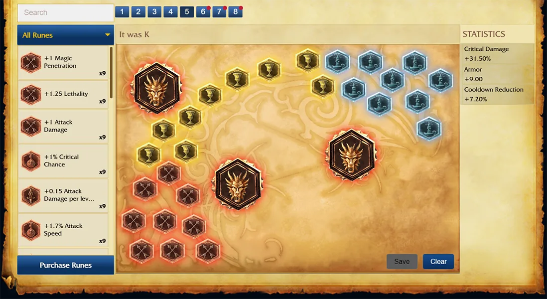 League of Legends Classic Rune Page with Marks, Seals, Glyphs, and Quintessences