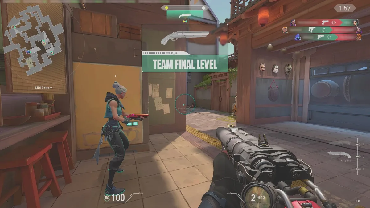 Escalation gameplay on Haven showing Team Final Level and 1:57 remaining