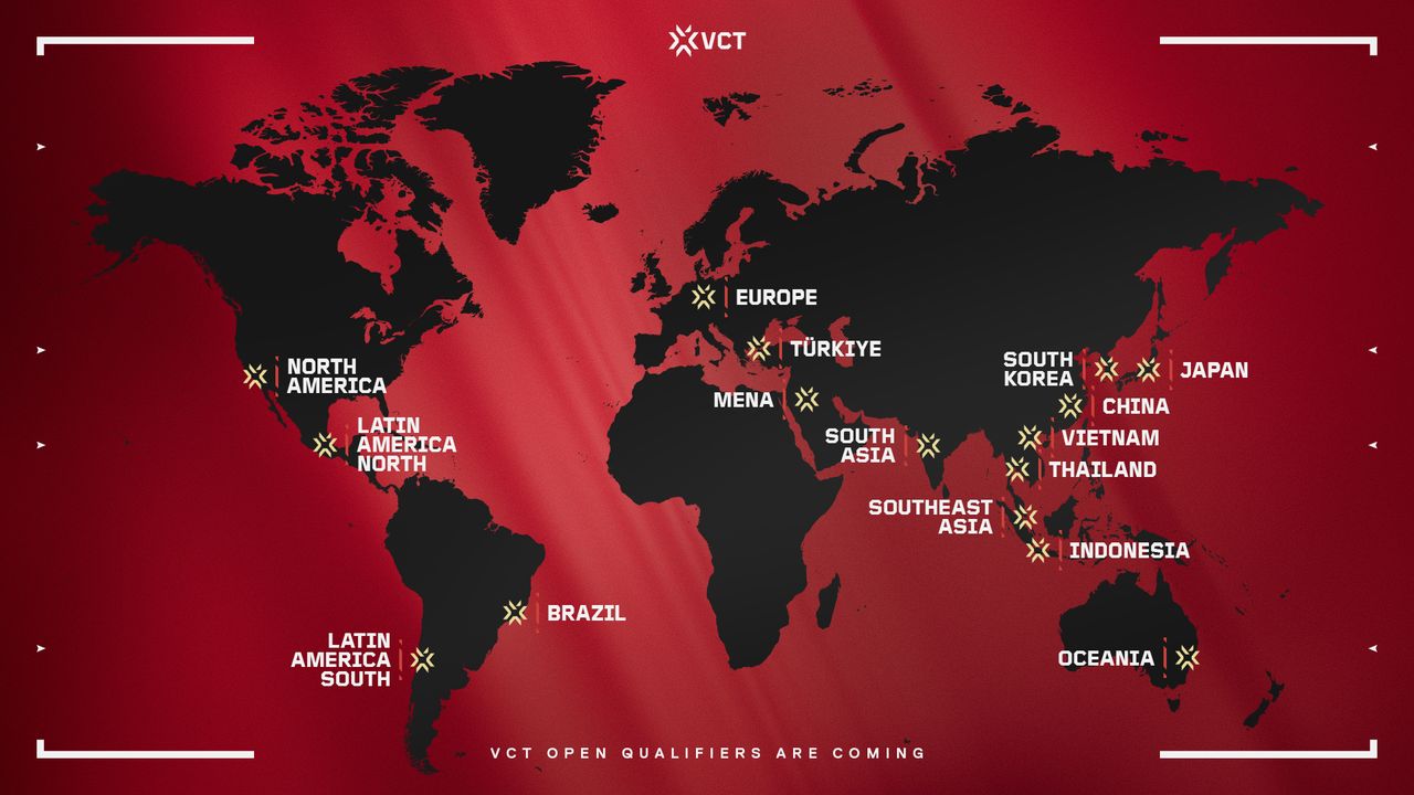 Peta resmi jalur Open Qualifier VCT 2027, Indonesia tercantum sebagai region kualifikasi sendiri