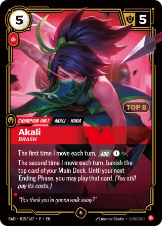 Akali, Brash — Riftbound promo card RAD 015