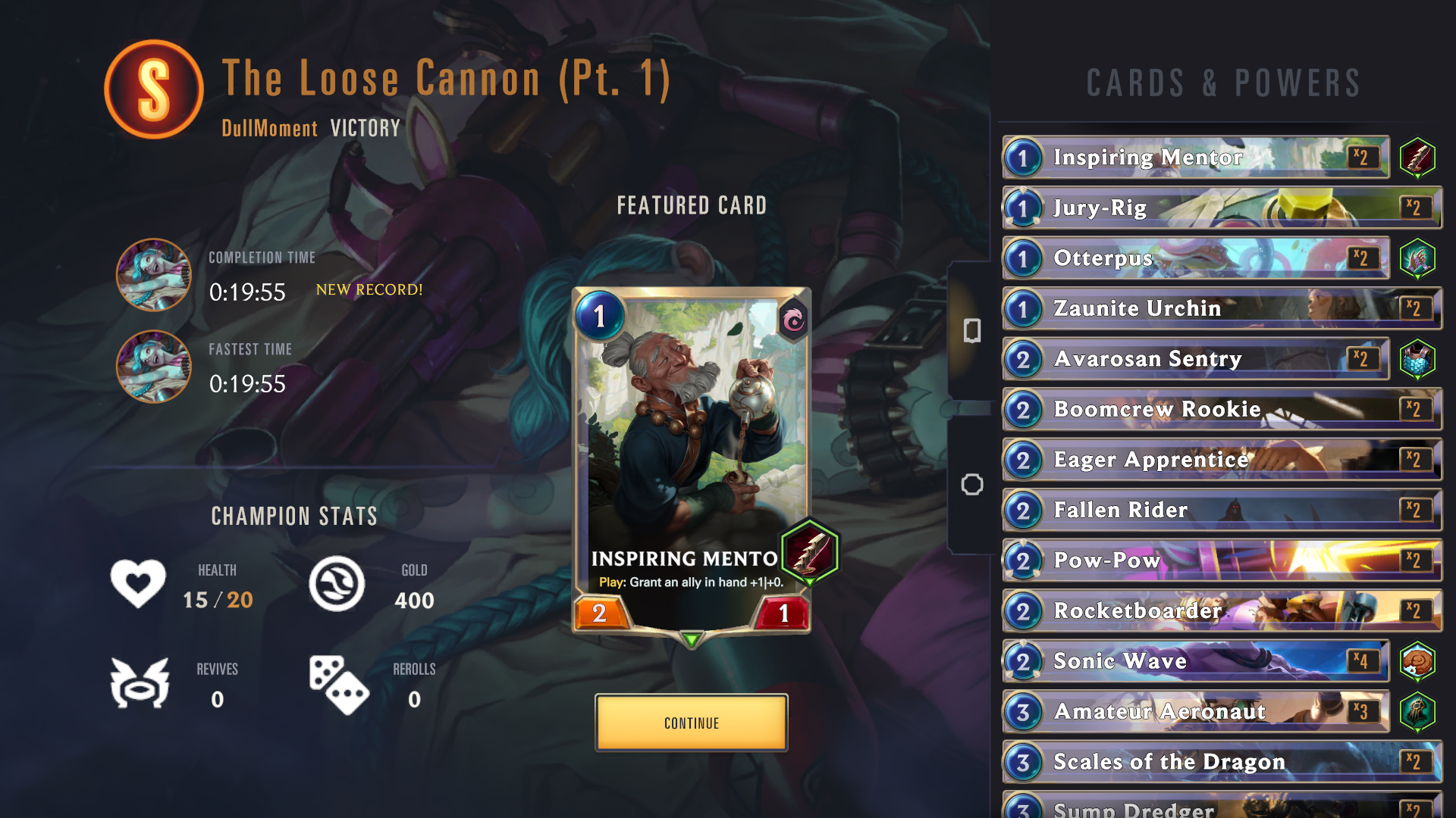 An example of the screen that pops up when a player completes an adventure, showing the player's rank and other information.