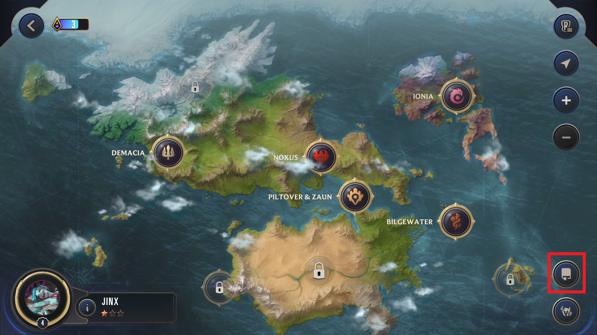 The Path of Champions World Map with a red box around the Adventure Journal icon, a small closed book, in the bottom right corner.