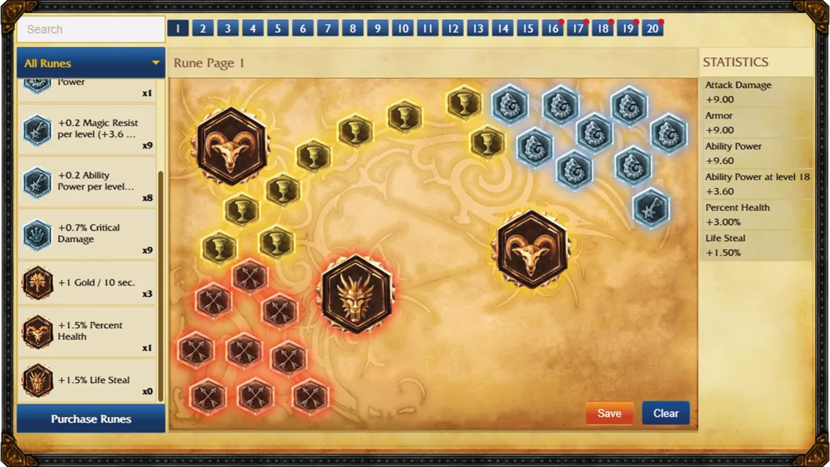 Classic Rune Page showing colored rune slots, three Quintessences and a statistics panel