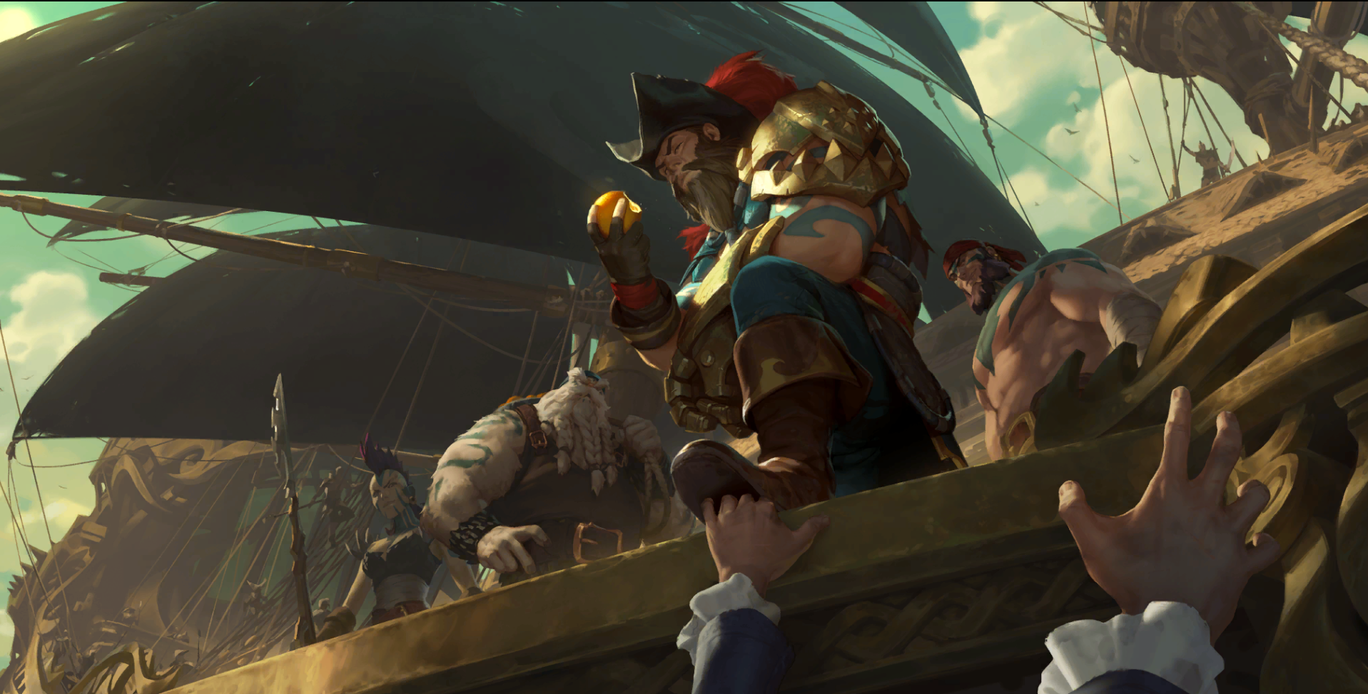 Gangplank stares out from the bow of his ship, eating an apple as his crew looks on behind him.