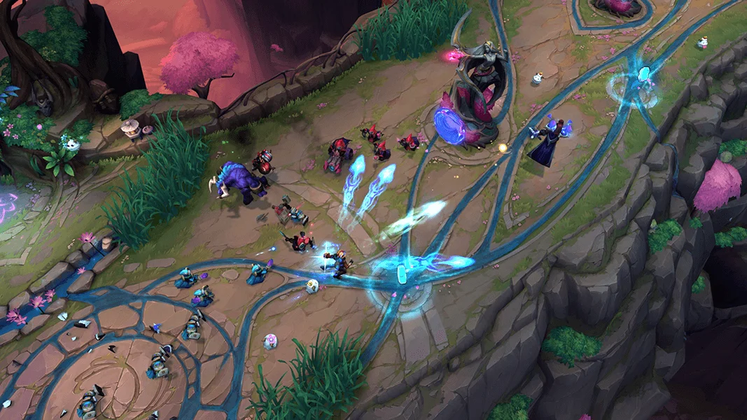 Multiple blue spell bolts crossing Koeshin’s Crossing in Riot’s ARAM: Mayhem demonstration