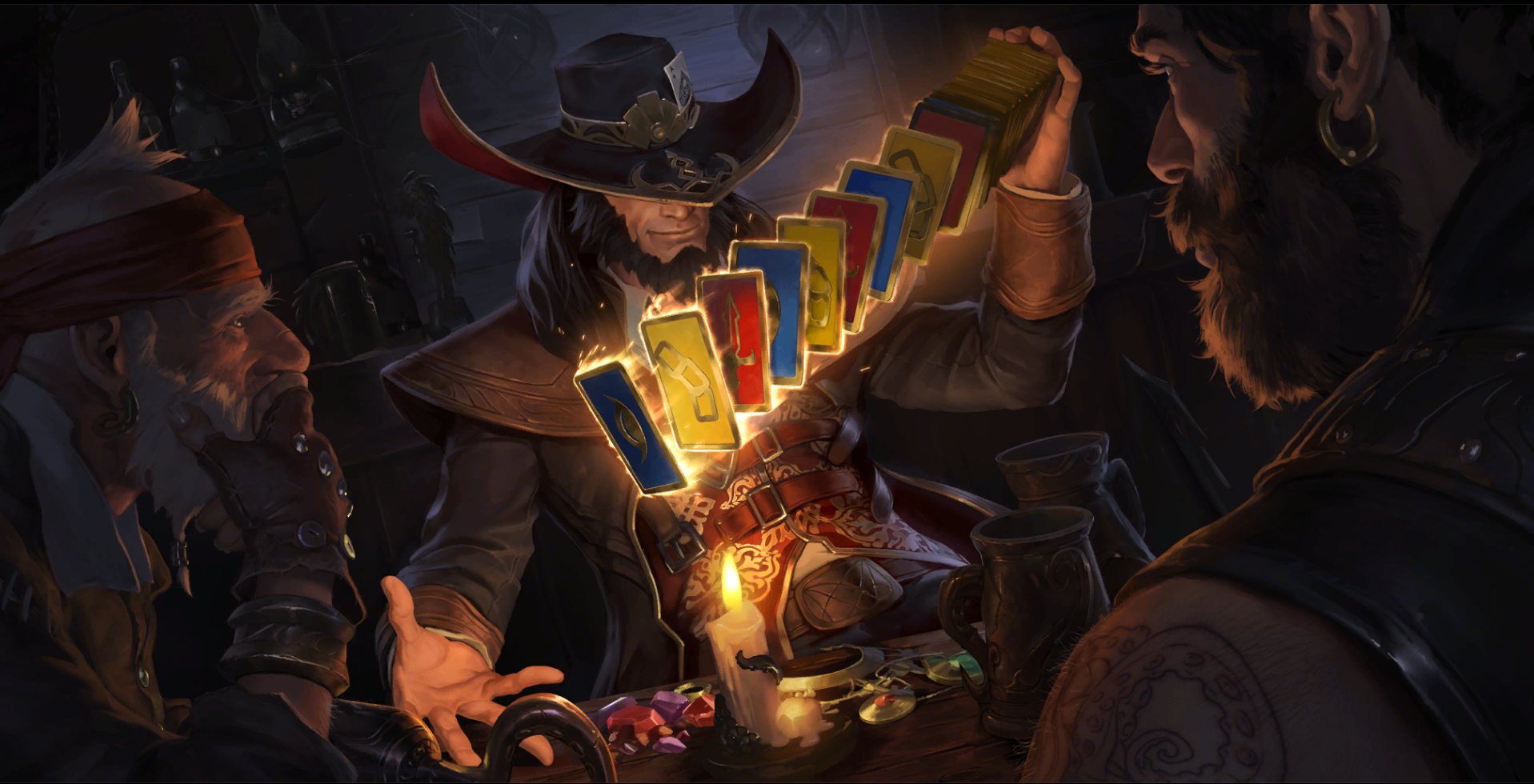 Twisted Fate shuffles a deck of cards as onlookers study his technique.