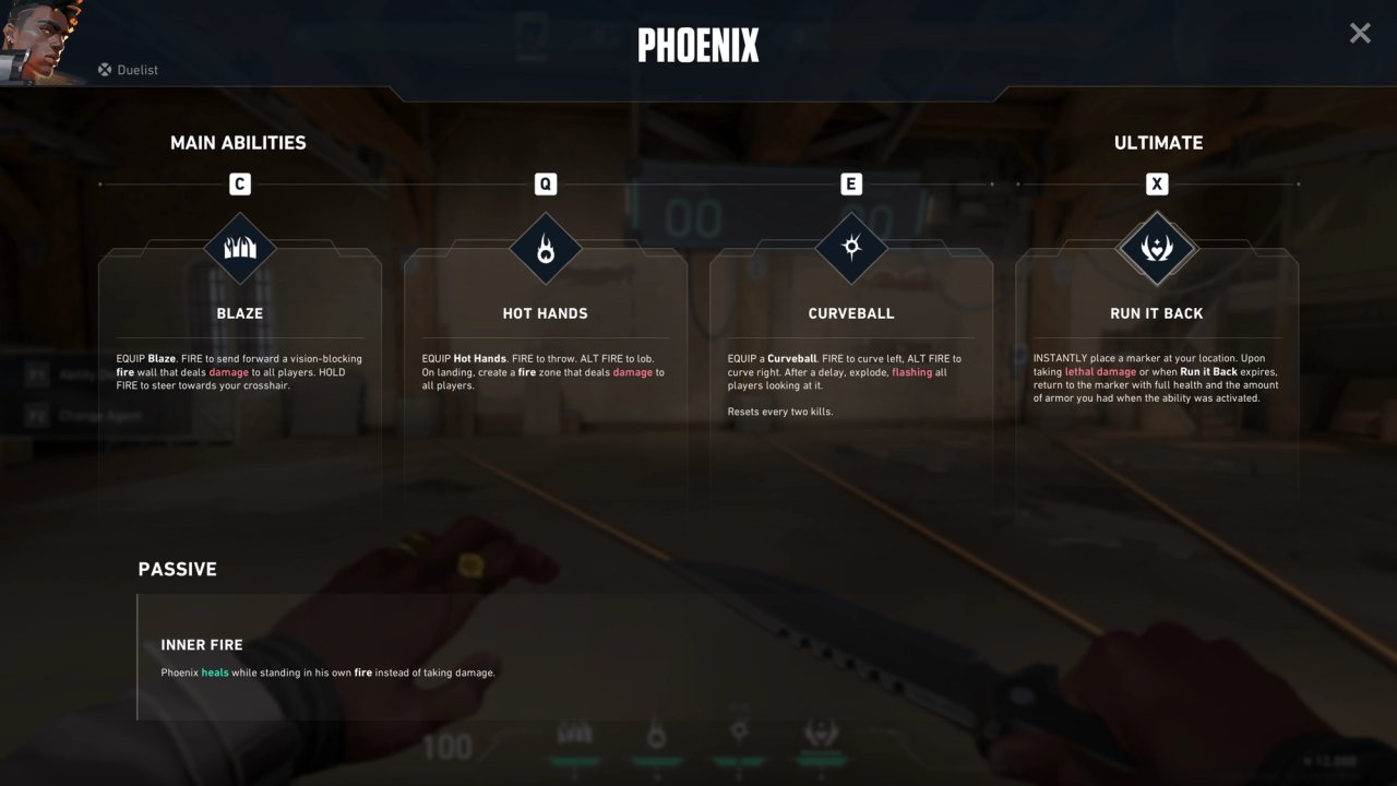 Screenshot tooltip ability Phoenix dengan bagian PASSIVE di Agent Hub VALORANT