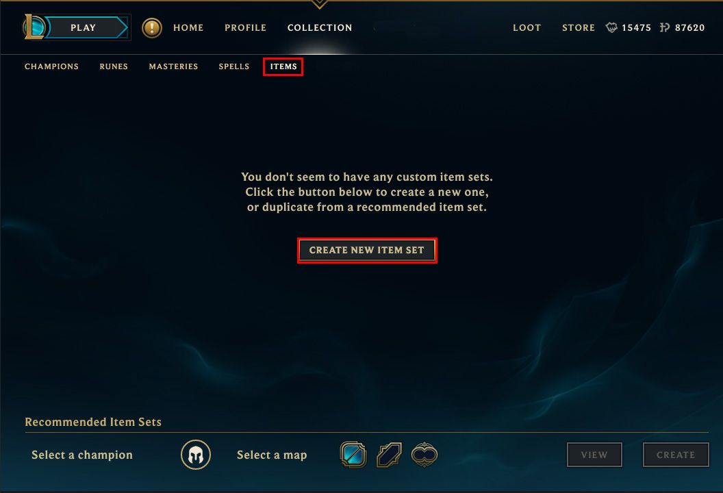Screenshot of the Item Sets section of the League Client