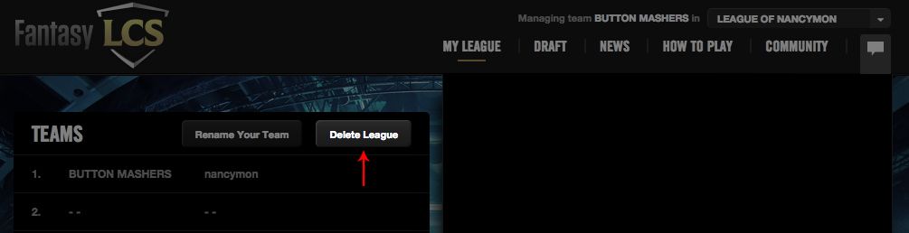 Pantallazo que muestra dónde eliminar la liga que habéis creado desde la página web de Fantasy LCS.