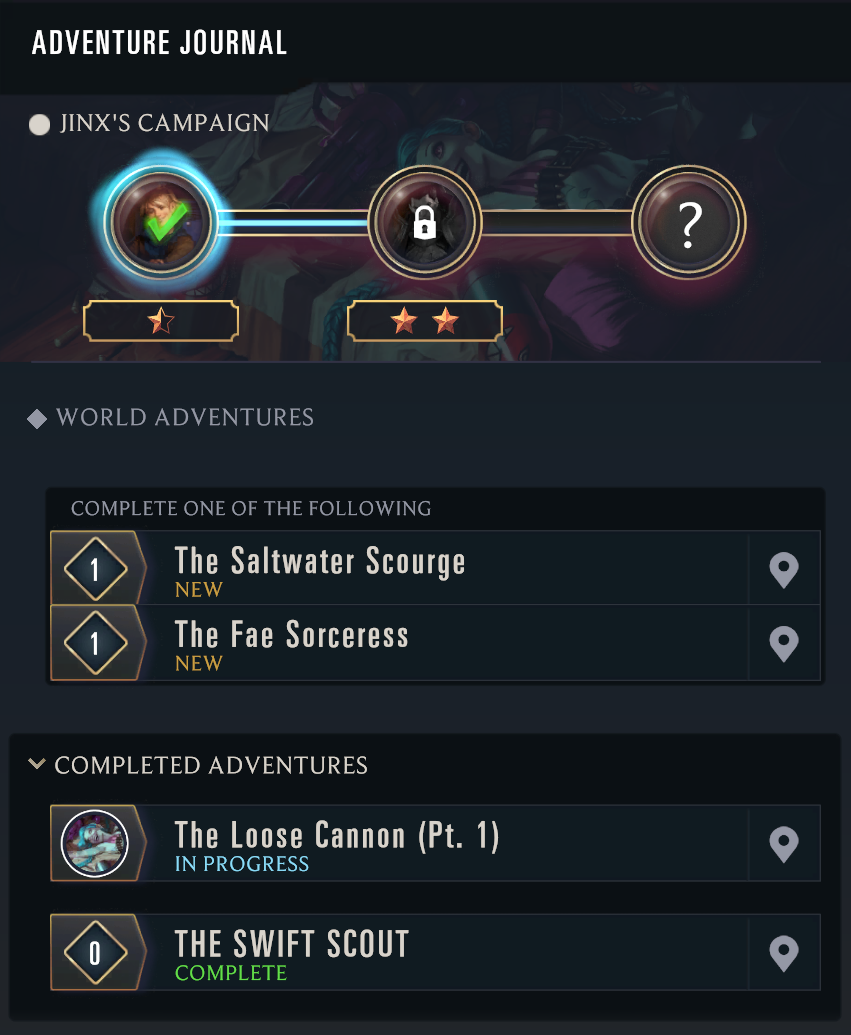 The Adventure Journal open, showing current and completed adventures.