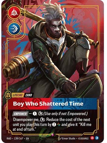 Carte Légende officielle Ekko, Boy Who Shattered Time, dans Riftbound Radiance, version anglaise