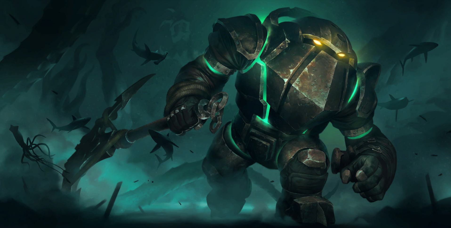 Nautilus stomps across the depths of the ocean floor, lugging a large anchor, as sharks swim around him and gigantic tentacles swarm nearby.