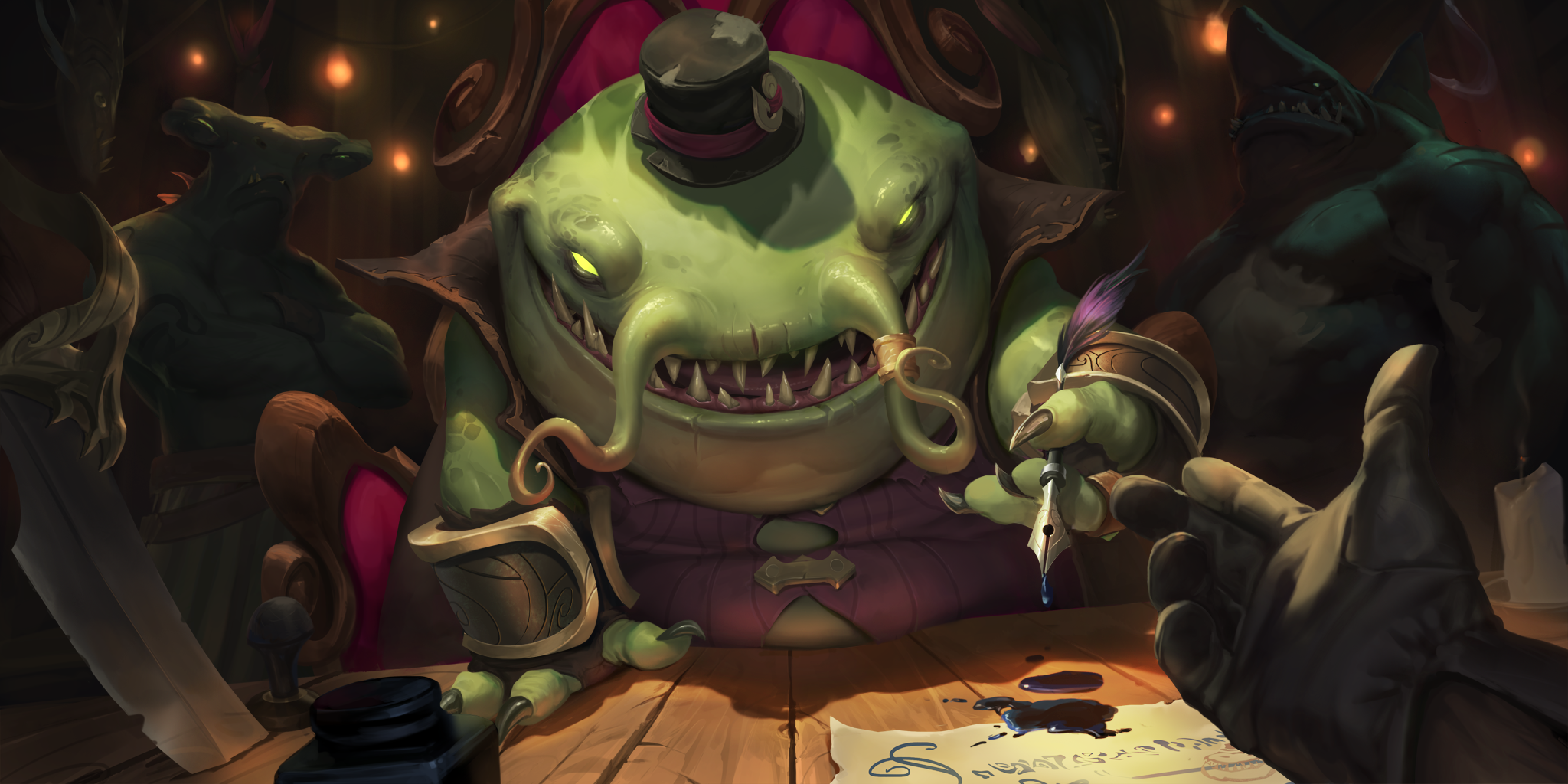 Tahm Kench leans across a table, offering a quill pen to an outstretched hand.