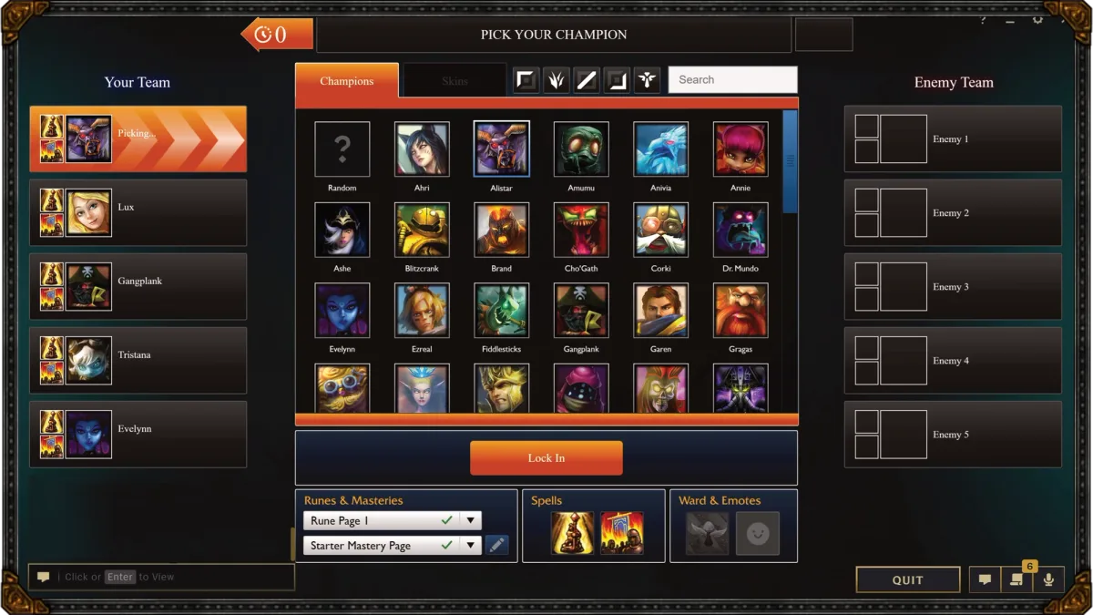 Classic champion-selection preview with the champion grid, Rune Page and Mastery Page controls