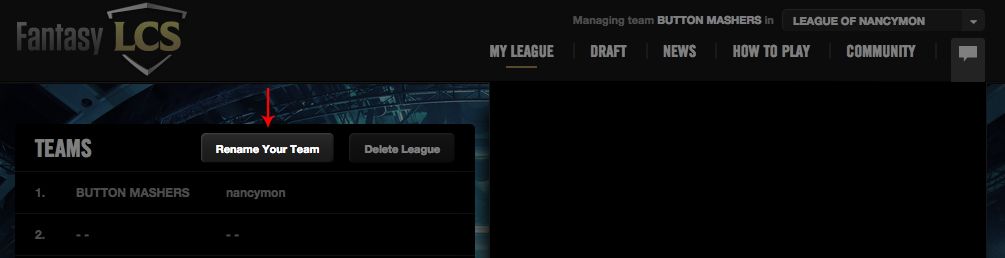 Pantallazo que muestra dónde cambiar el nombre de la liga que habéis creado desde la página web de Fantasy LCS.